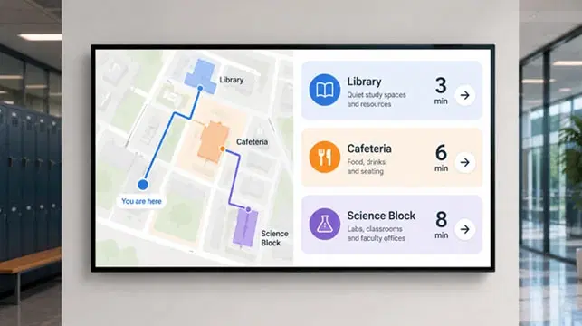 Digital wayfinding signage display in a facility lobby