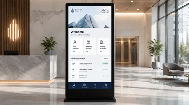 Interactive digital signage screen engaging viewers with touch-friendly content