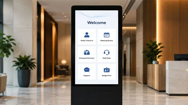 Interactive touchscreen kiosk displaying digital signage content powered by Pickcel