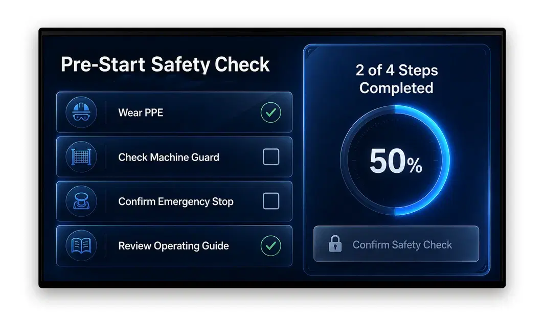 Manufacturing facility interactive display showing safety guidelines and KPI data