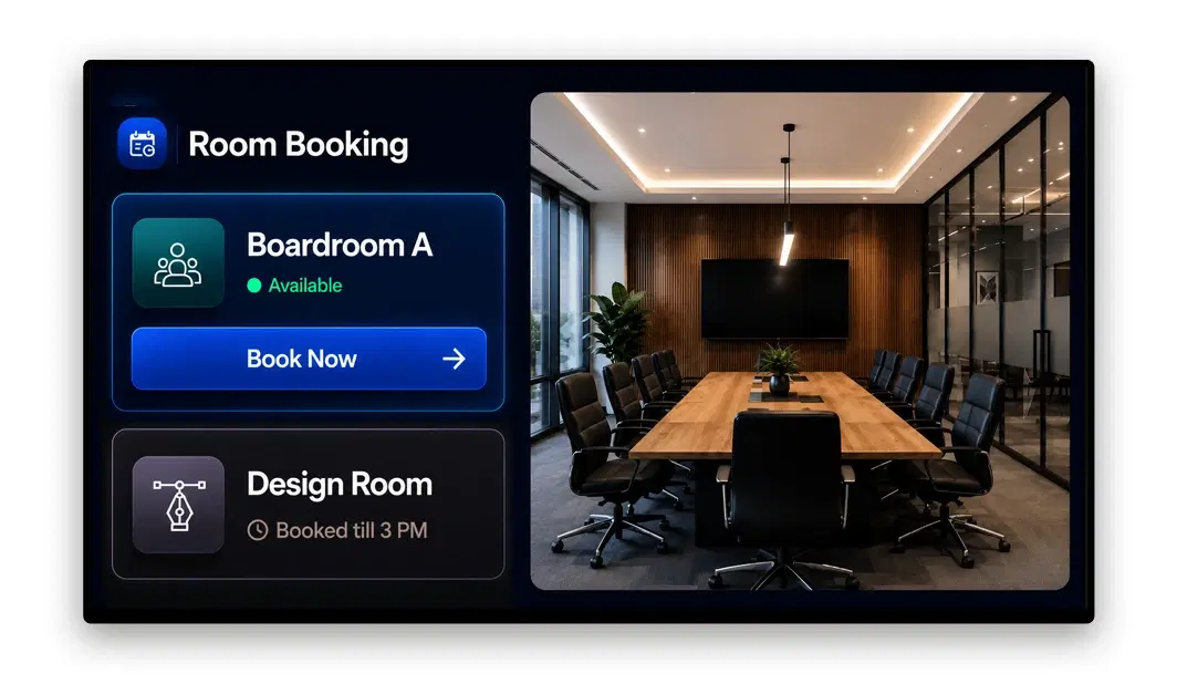 Office interactive display showing room booking and wayfinding directory