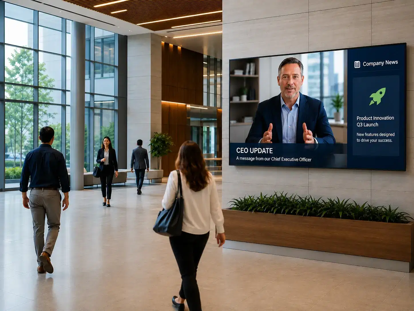 CEO and leadership communication on office screens CEO and leadership communication on office screens