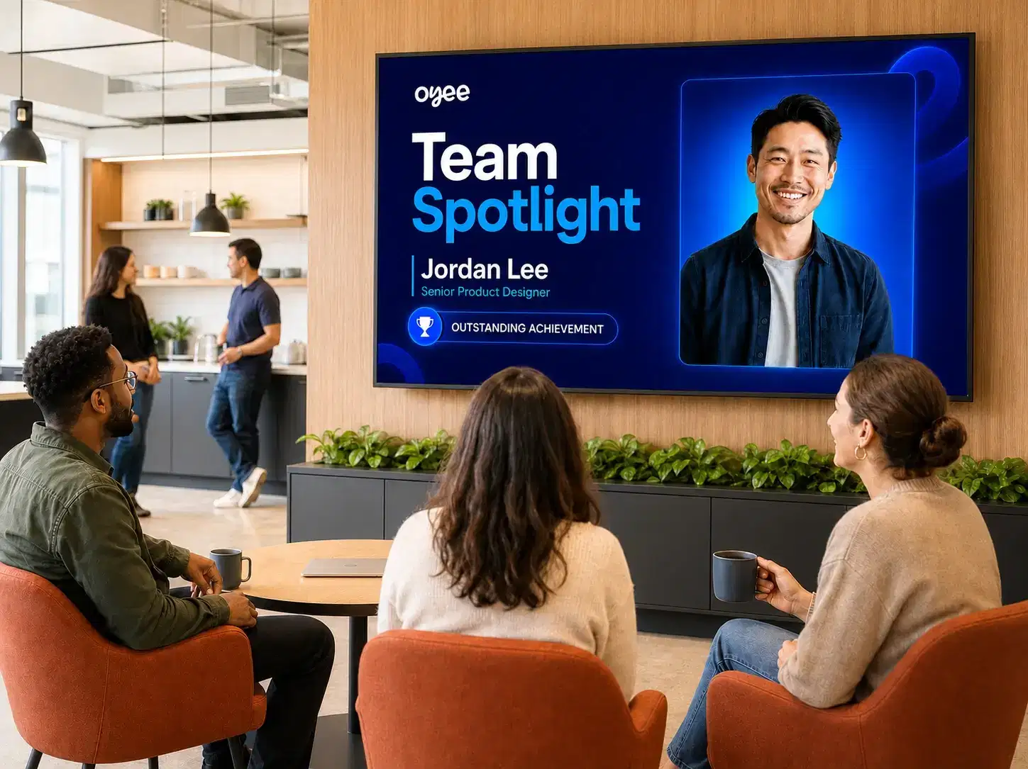 Culture and employee recognition content on office signage Culture and employee recognition content on office signage
