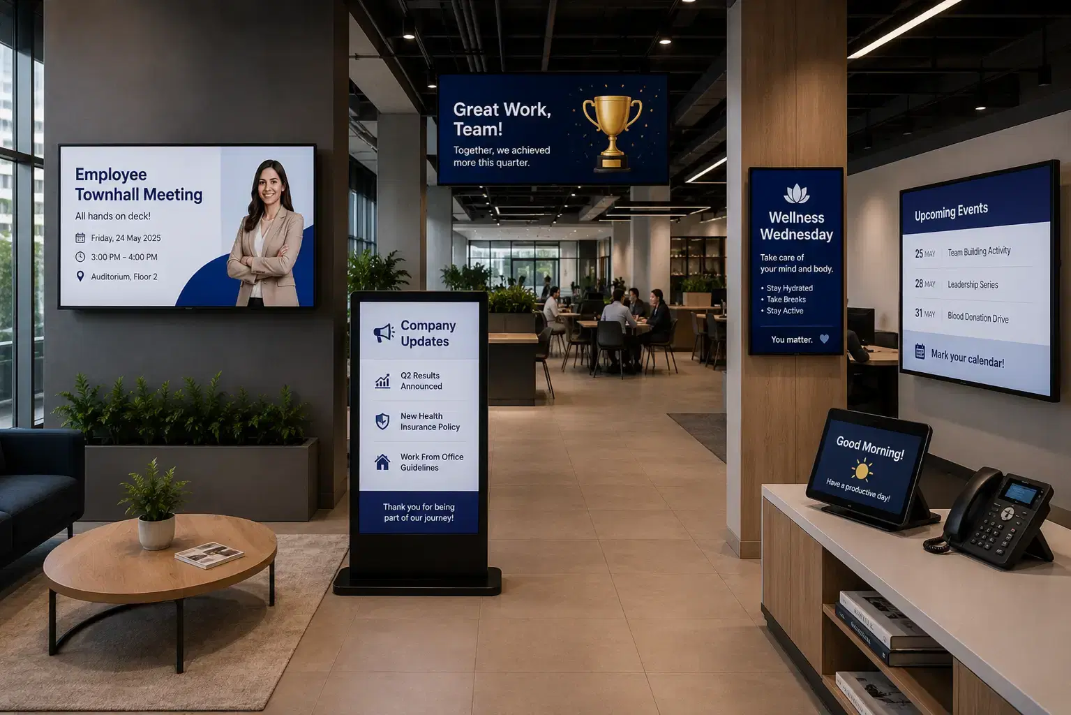 Office interior with Pickcel digital signage on lobby screens, corridor displays, and meeting room boards