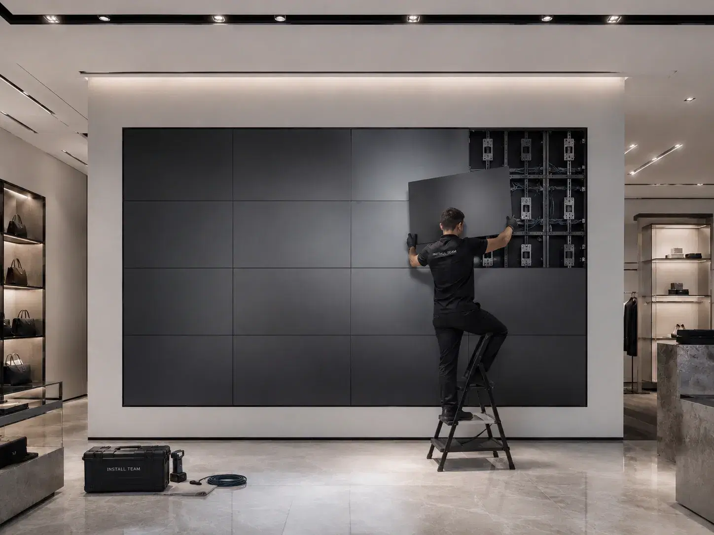 LCD video wall bezel width and mounting bracket diagram for multi-screen installation LCD video wall bezel width and mounting bracket diagram for multi-screen installation