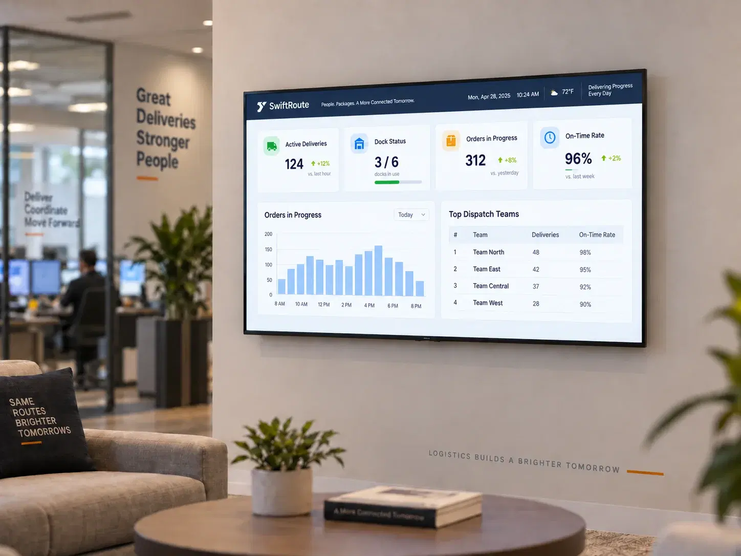 Dispatch overview wallboard showing active deliveries, dock status, and on-time rate