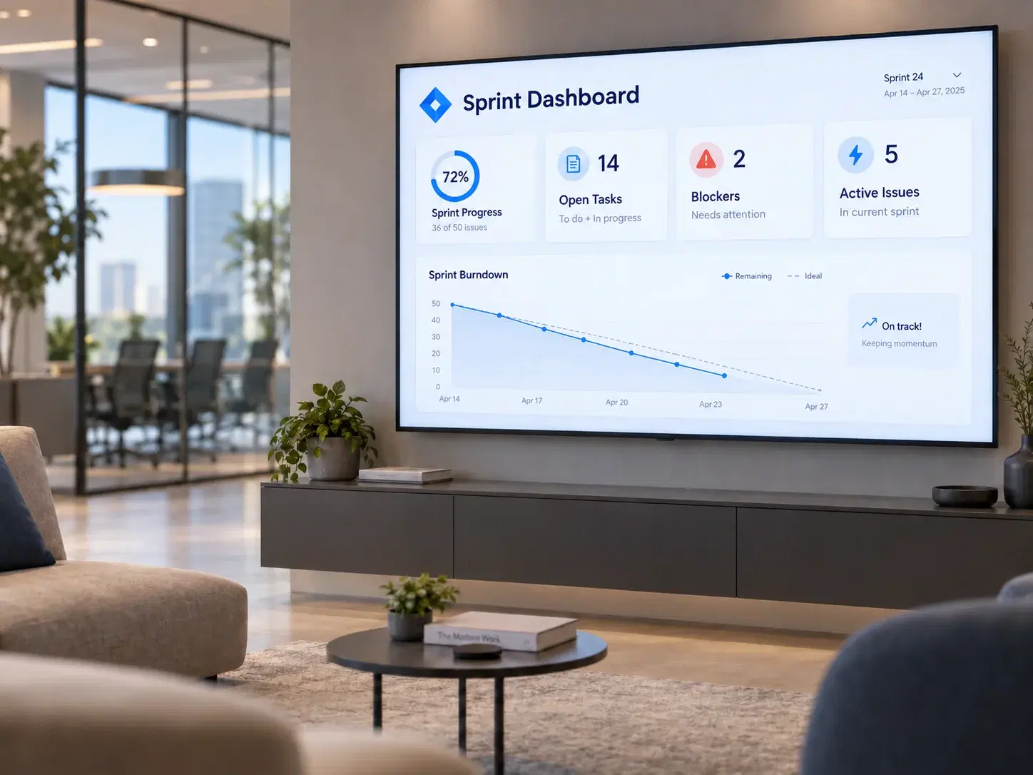 Sprint overview wallboard showing progress, blocked tickets, and velocity