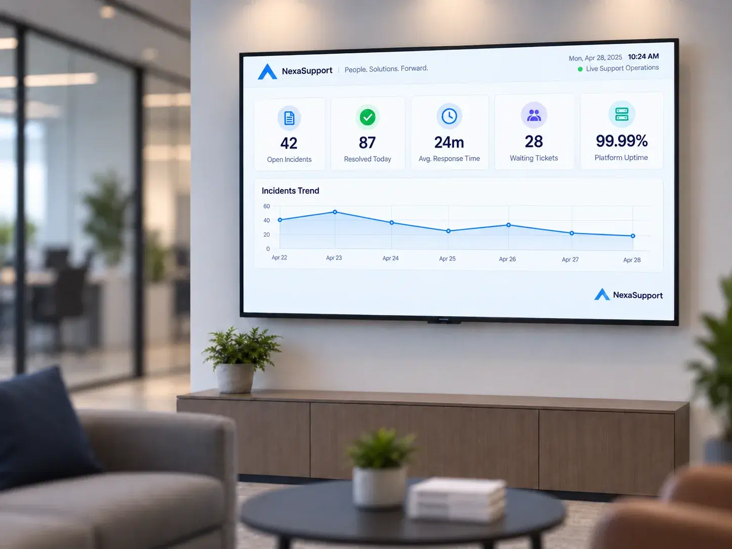 Support overview wallboard showing open tickets, unresolved incidents, and resolution time