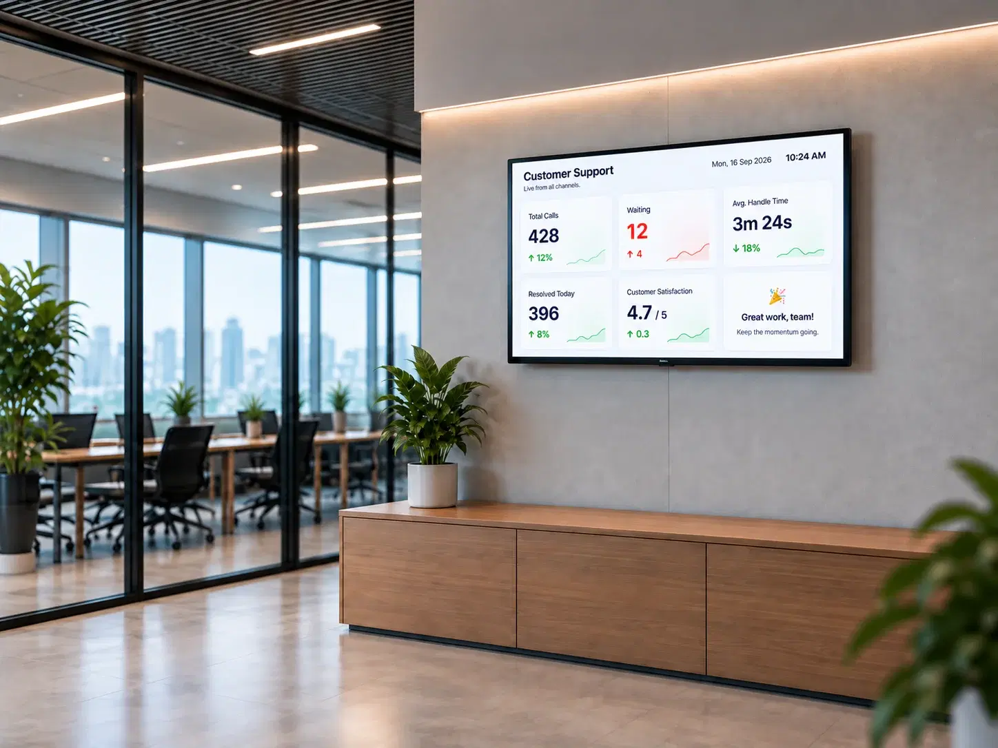 Customer support wallboard showing a small set of live operational metrics