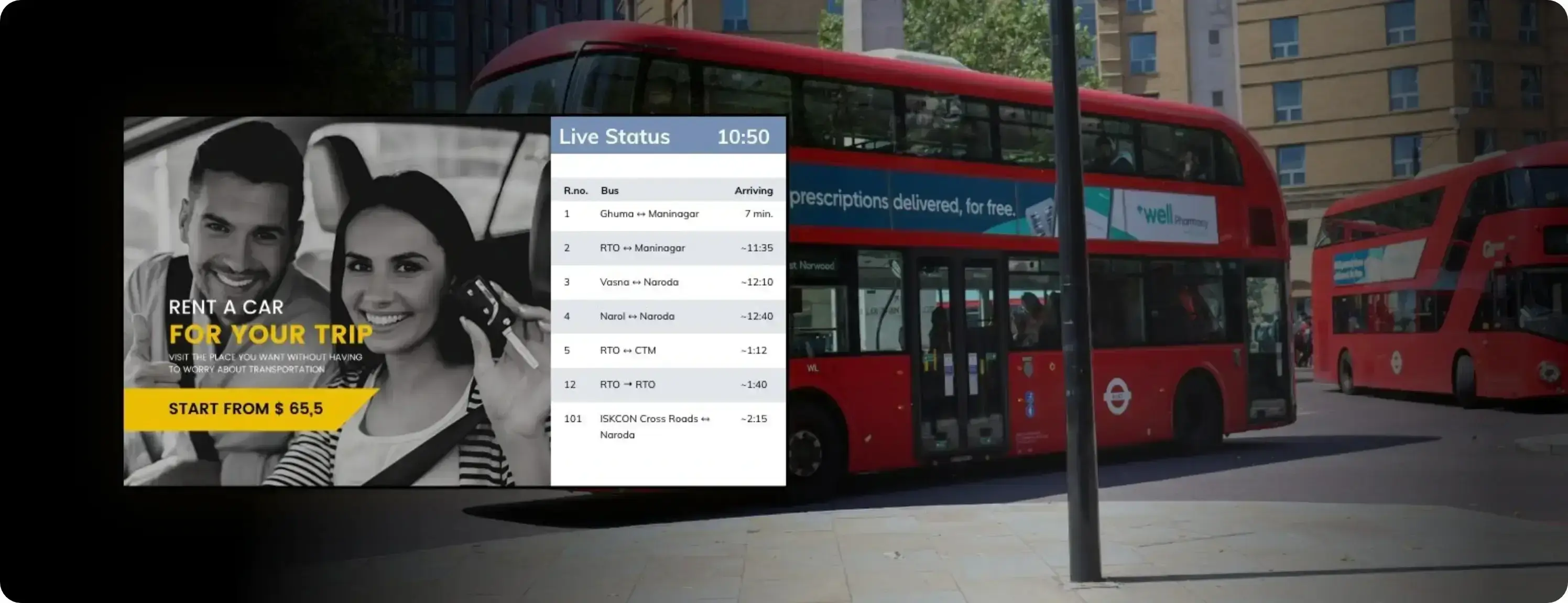 Digital Signage screen at bus stop displaying promotional creative with live arrival/departure feeds using Pickcel's Software