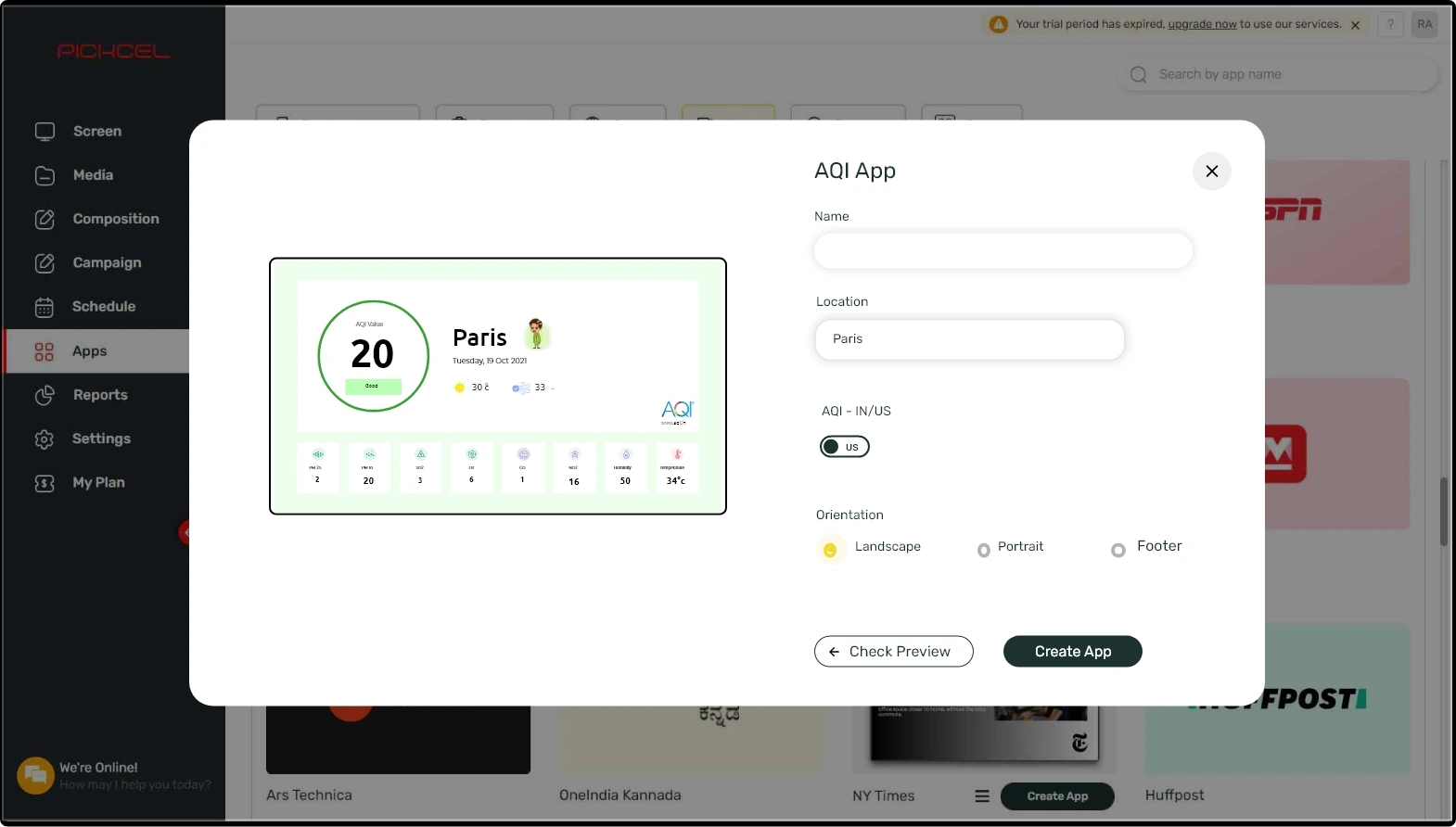 step 1 digital signage software interface showing AQI App configuration window with multiple options