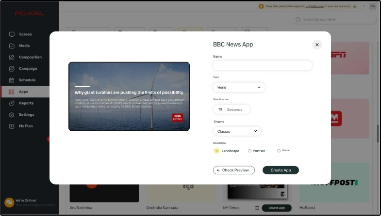 step 1 digital signage software interface showing BBC News App configuration window with multiple options