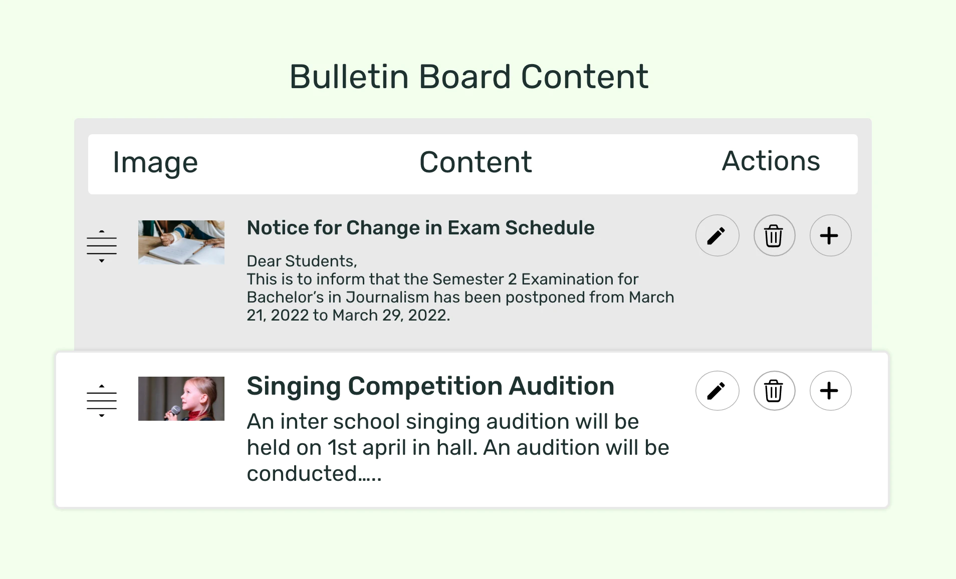 bulletin board app feed preview showing options to create unlimited notices to display on digital signage screens