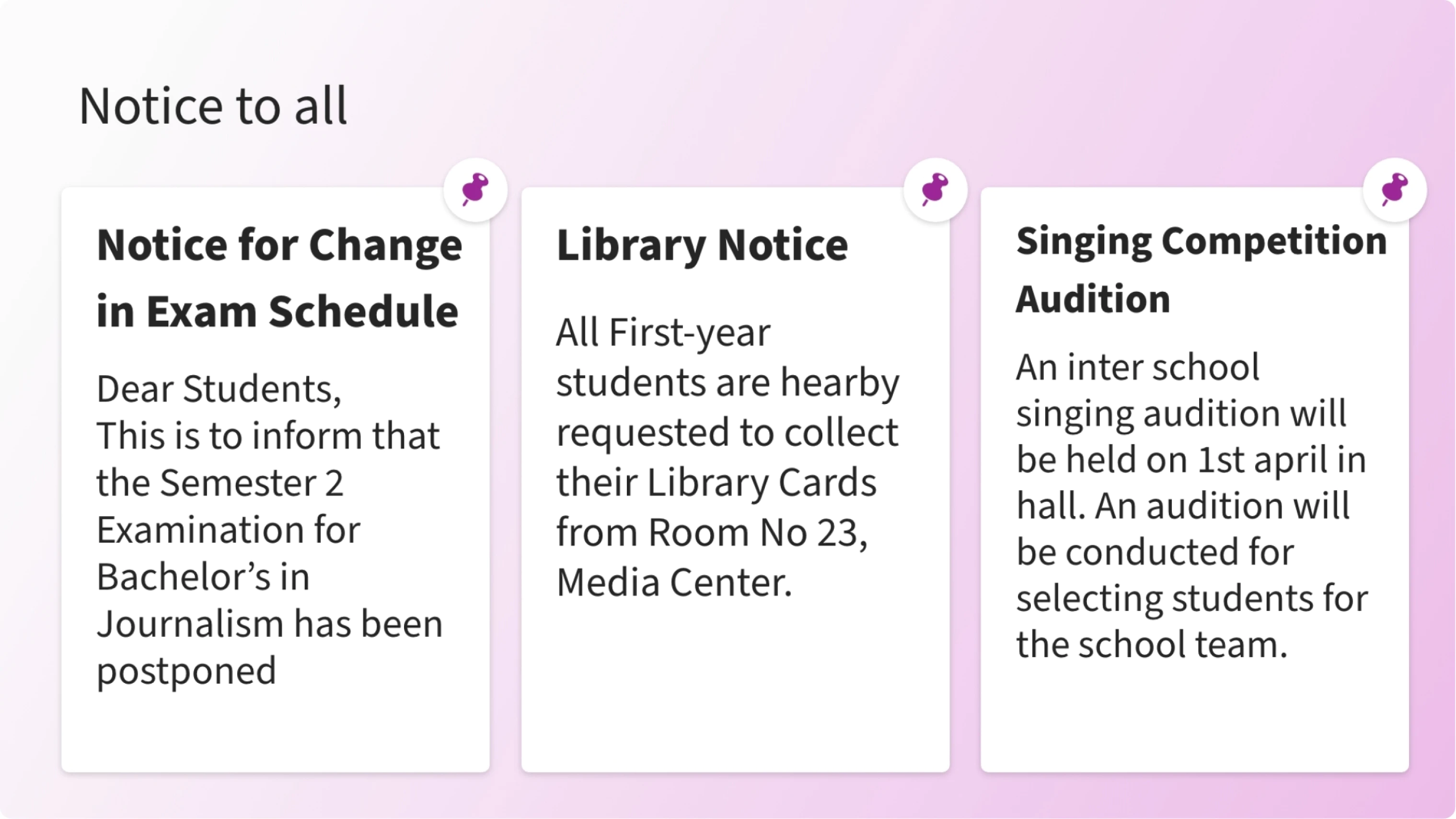 bulletin board app layout preview showing three notices without images at a time.