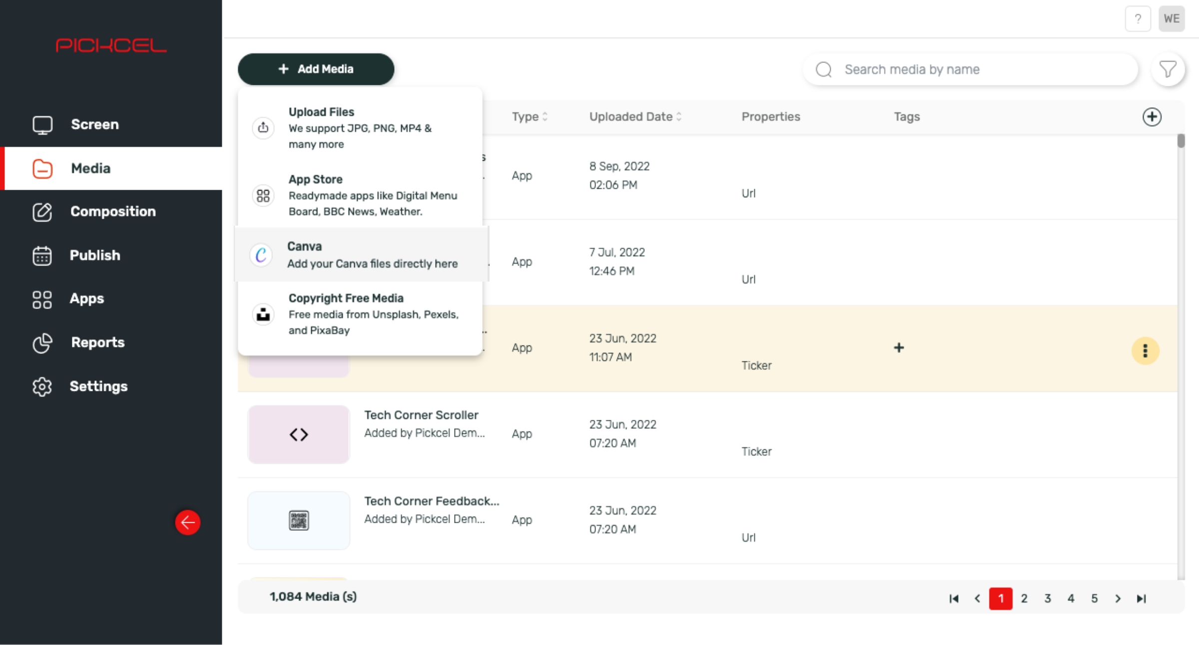 step 2 digital signage software interface showing media library and the option to create content using Canva