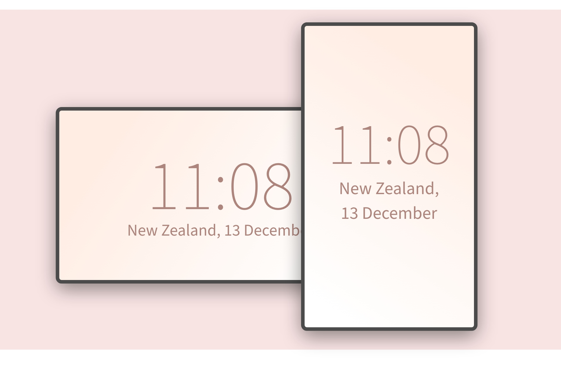 Clock app feed preview in digital screens with landscape and portrait layouts
