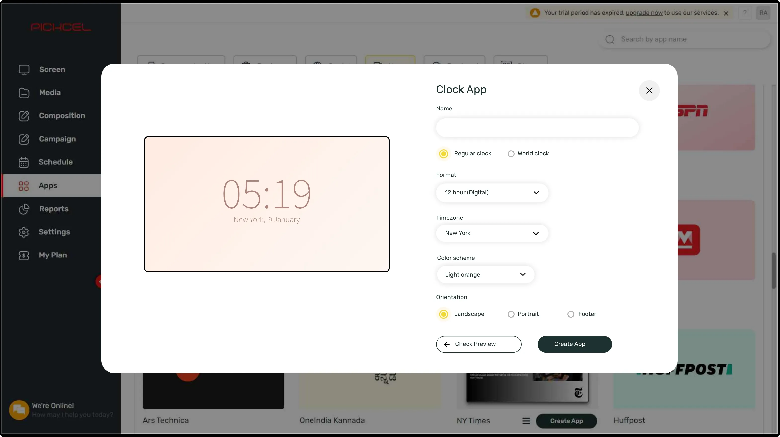 step 1 digital signage software interface showing Clock App configuration window with multiple options