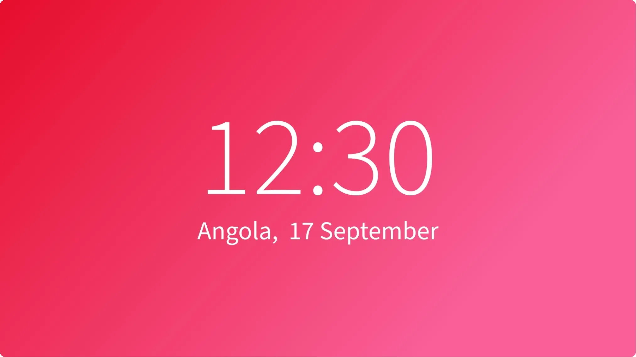 Clock app layout preview showing red gradient as background, digital clock format and Angola country.