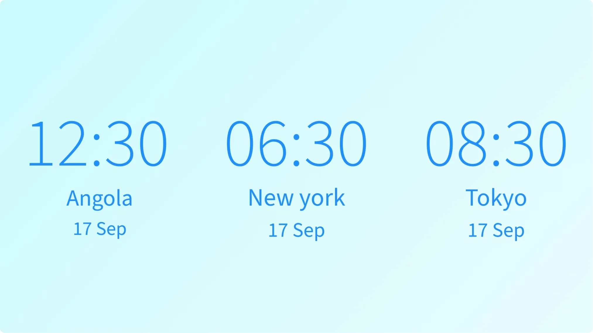 Clock app layout preview showing blue gradient as background, digital clock format and3 countires Angola, New York and Tokyo.