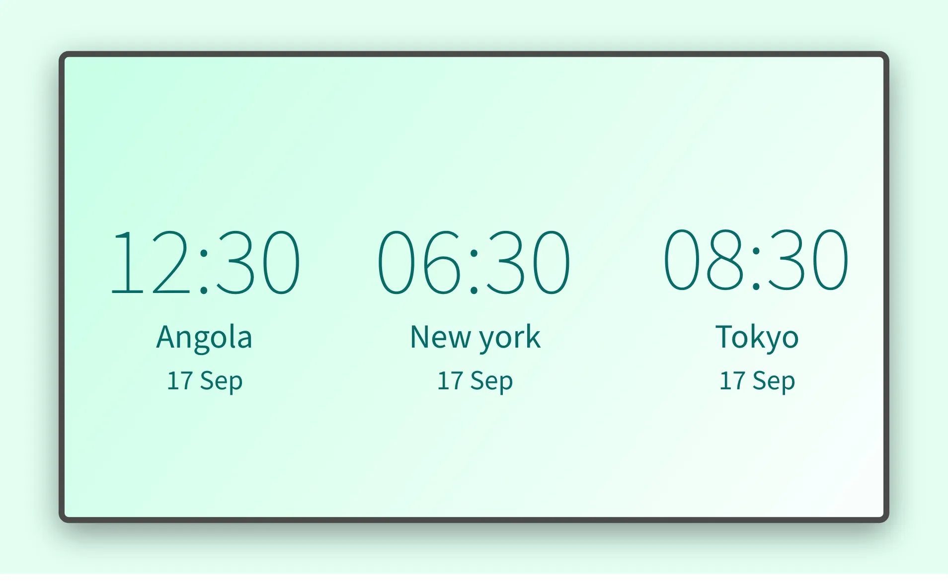 Clock app interface showing digital timezones of countries Angola, New York and Tokyo to display on digital signage screens