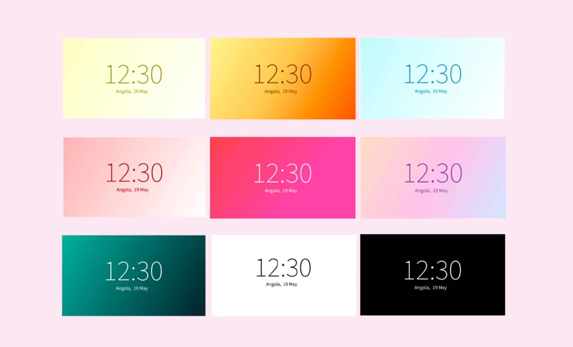 Clock app feed preview showing themes with background color options like white, black and gradients of pink, blue, etc.