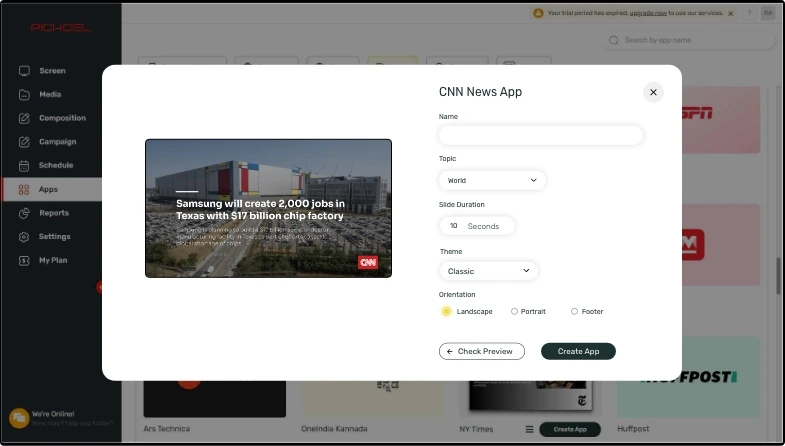 step 1 digital signage software interface showing CNN news App configuration window with multiple options