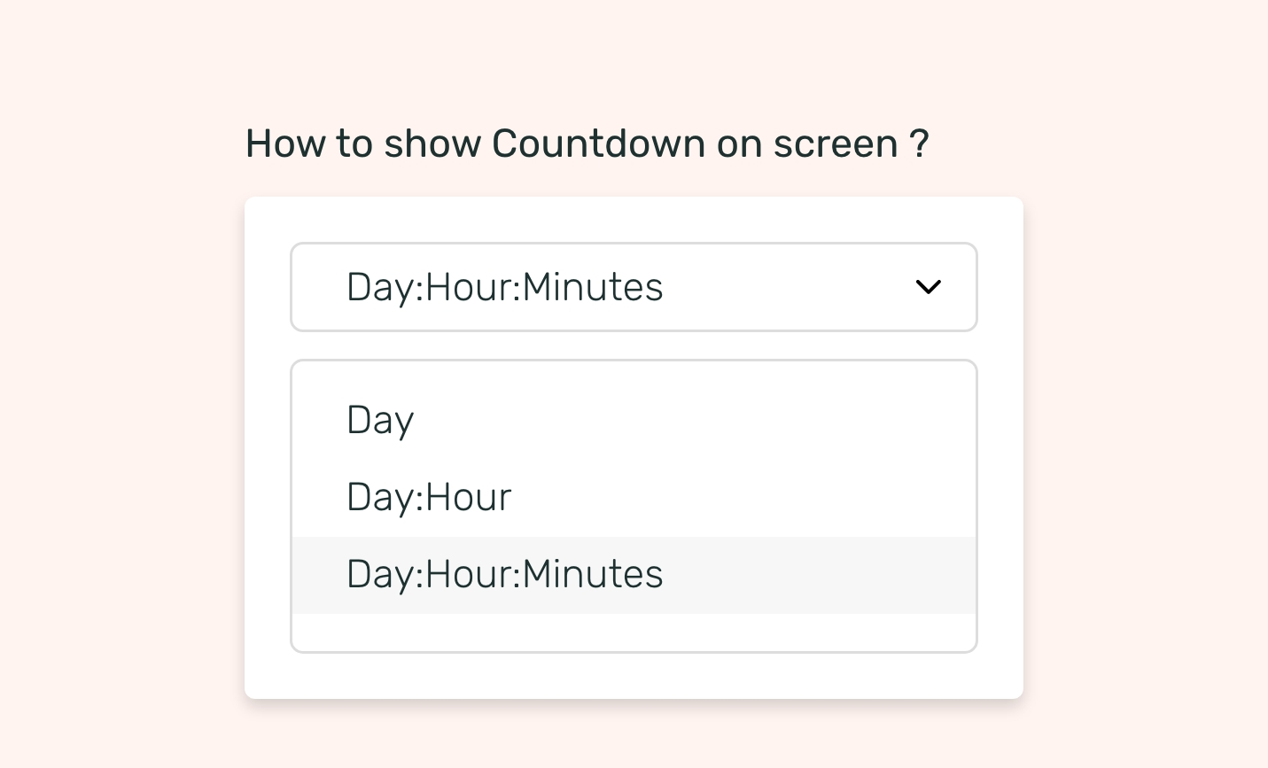 Countdown app interface showing theme options like Day, Day:Hour and Day:Hour:Minutes to display on digital signage screens