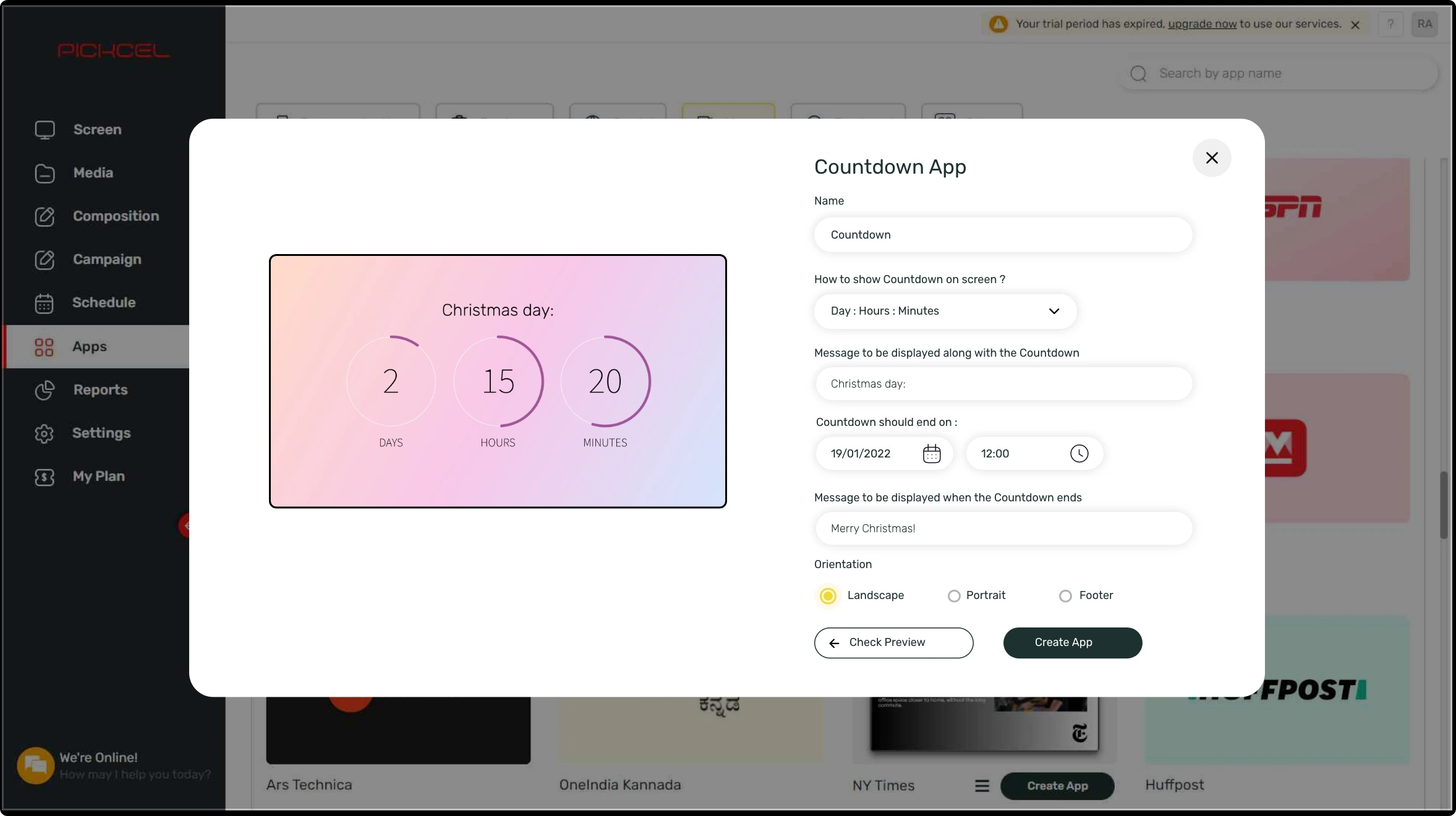 step 1 digital signage software interface showing Countdown Timer App configuration window with multiple options