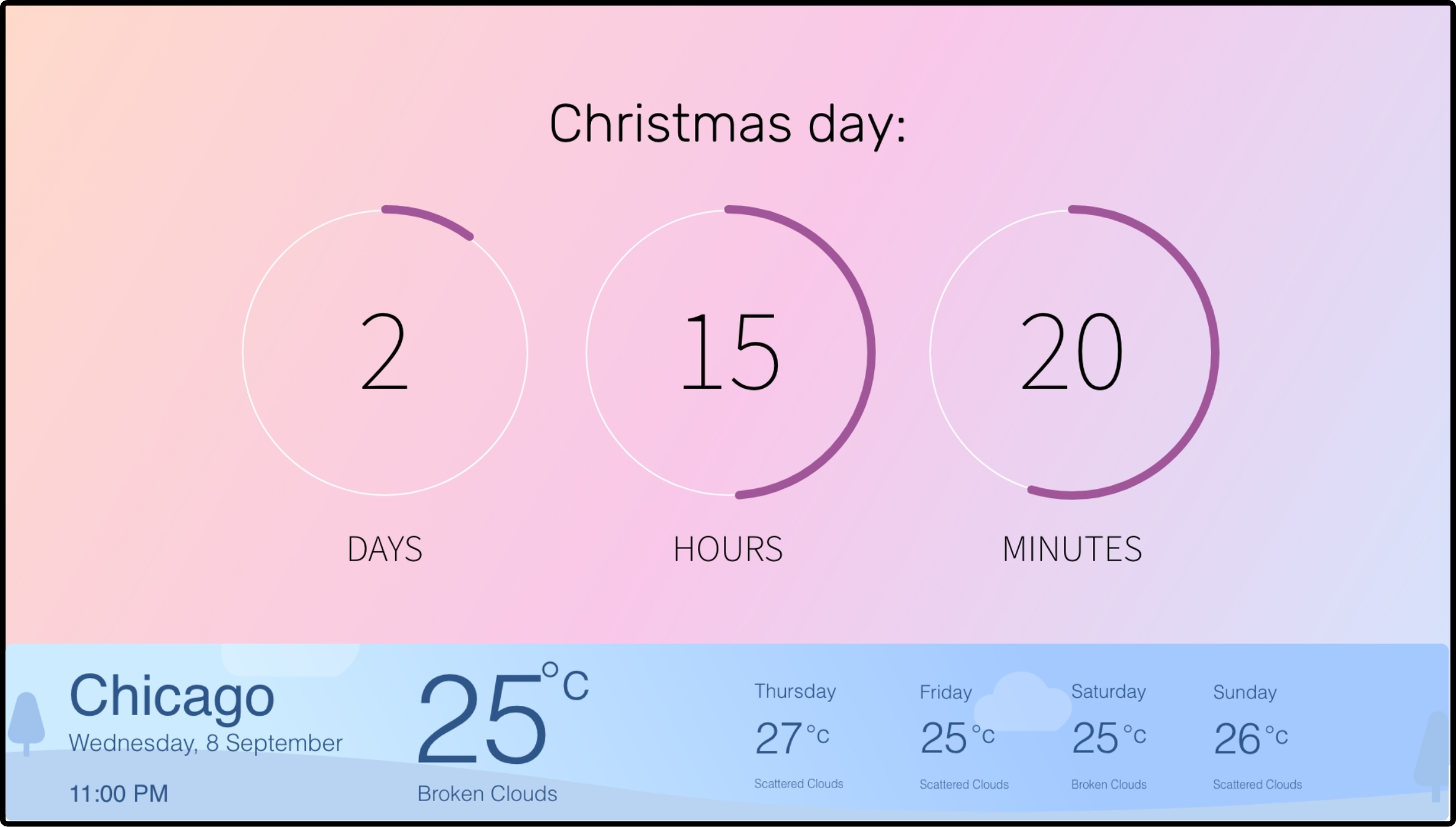 step 3 digital signage software interface showing compositon window with Countdown app and Wheather app feeds