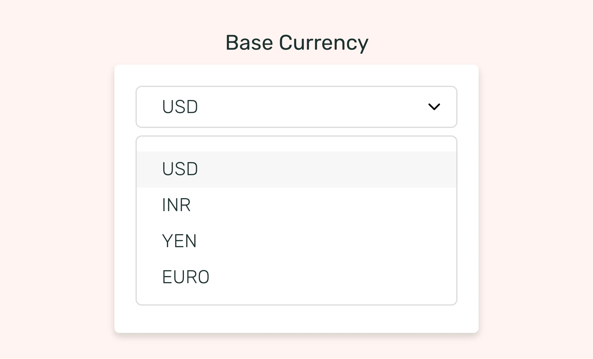 Currency Exchange Rate app interface showing base currency options like USD, INR, YEN etc., to display on digital signage screens