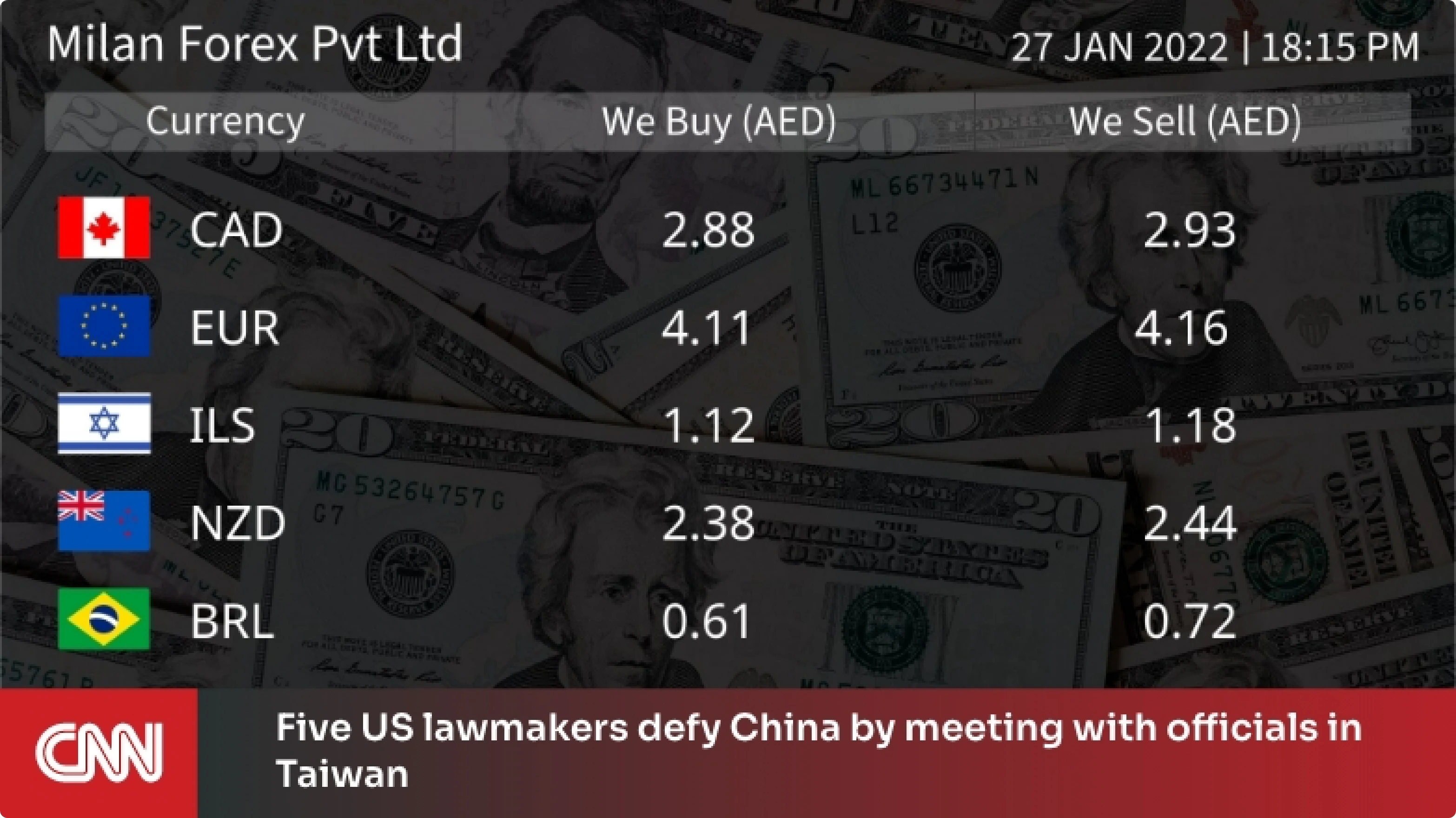 digital signage software interface showing compositon layout with CNN news app and Currency app contents