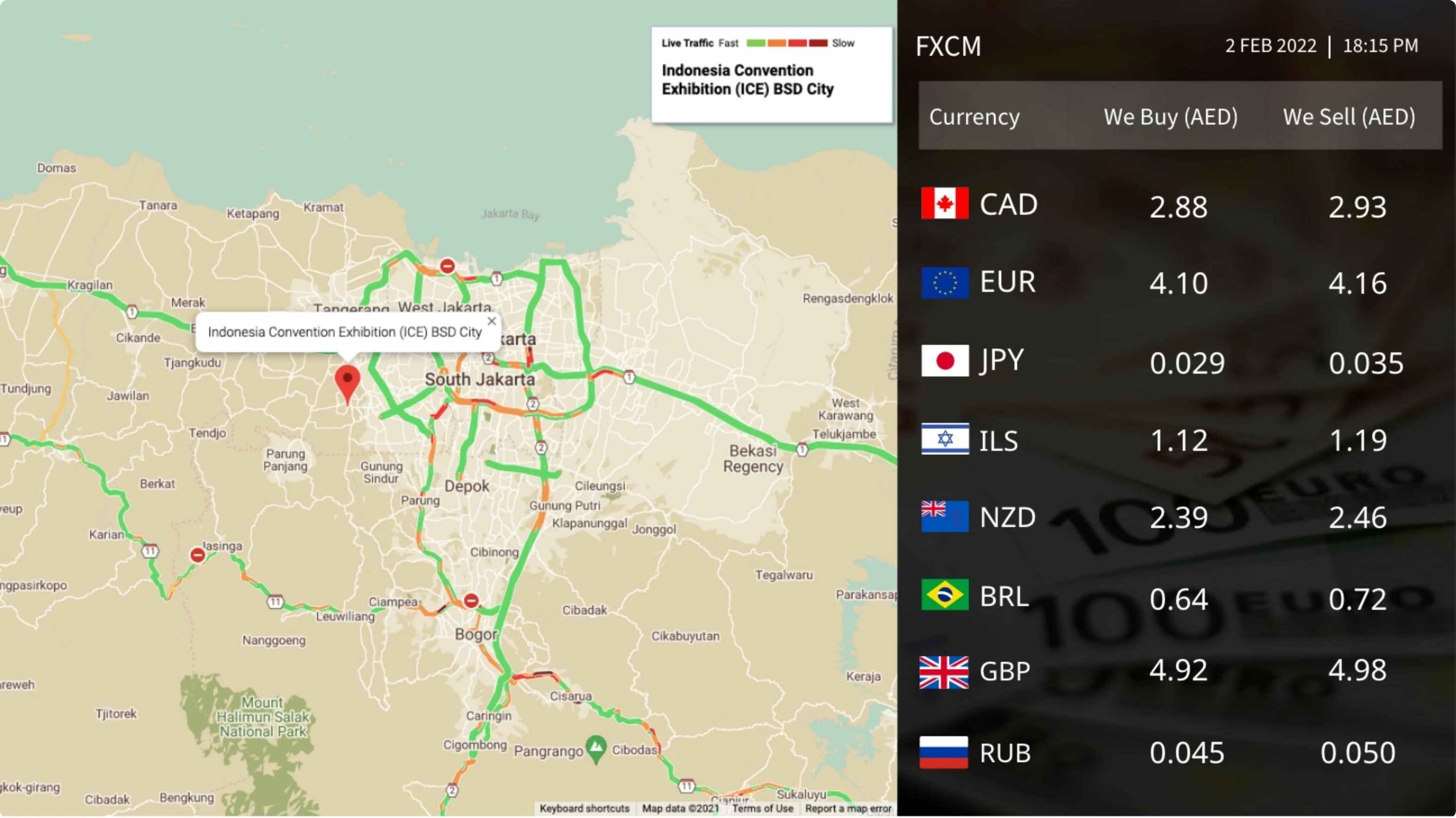 digital signage software interface showing compositon layout with google traffic app and Currency Exchange Rate app contents