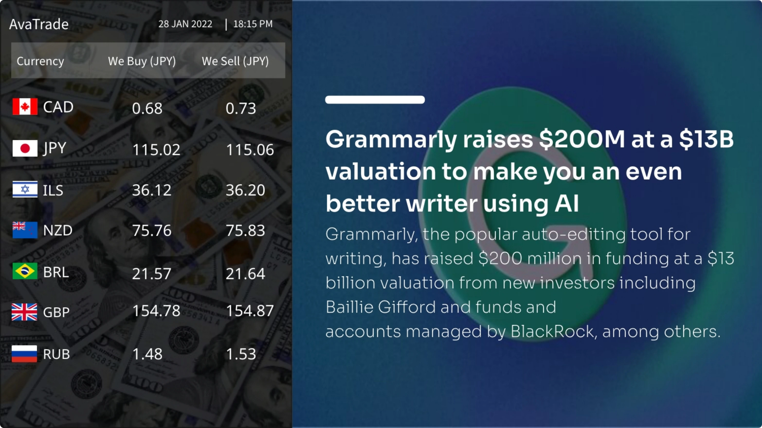 digital signage software interface showing compositon layout with RSS feed app and Currency Exchange Rate app contents