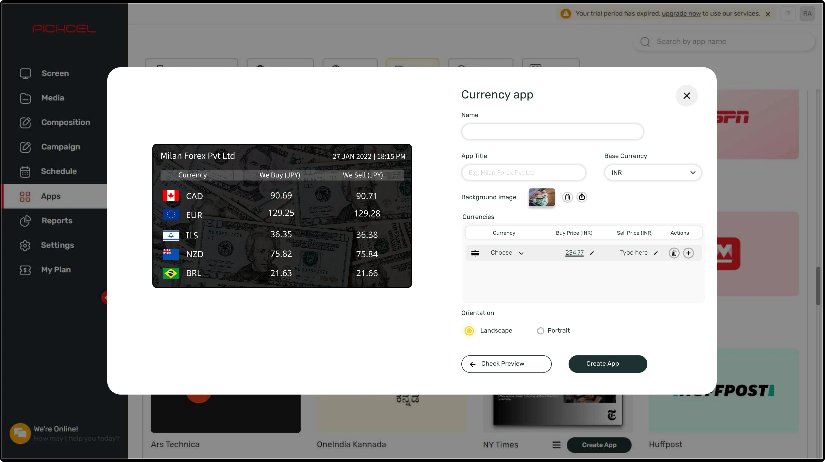step 1 digital signage software interface showing Currency Exchange Rate App configuration window with multiple options