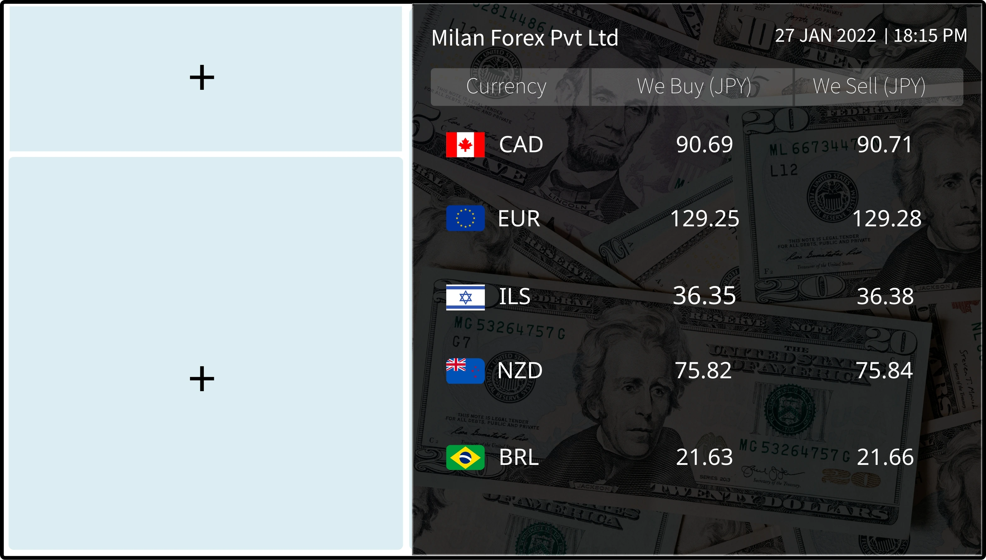 step 2 digital signage software interface showing compositon window with Currency app feed being displayed on the right