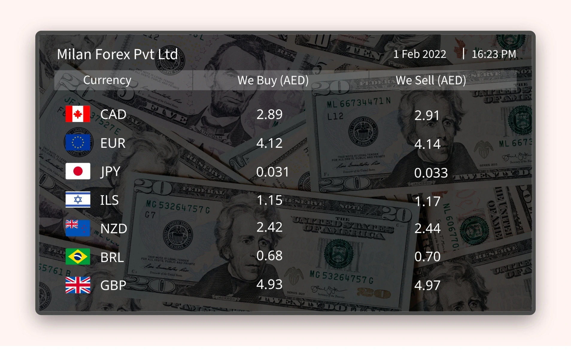 Currency Exchange Rate app feed preview showing exchange rates of CAD, EUR, etc with background stock image of dollar bills.