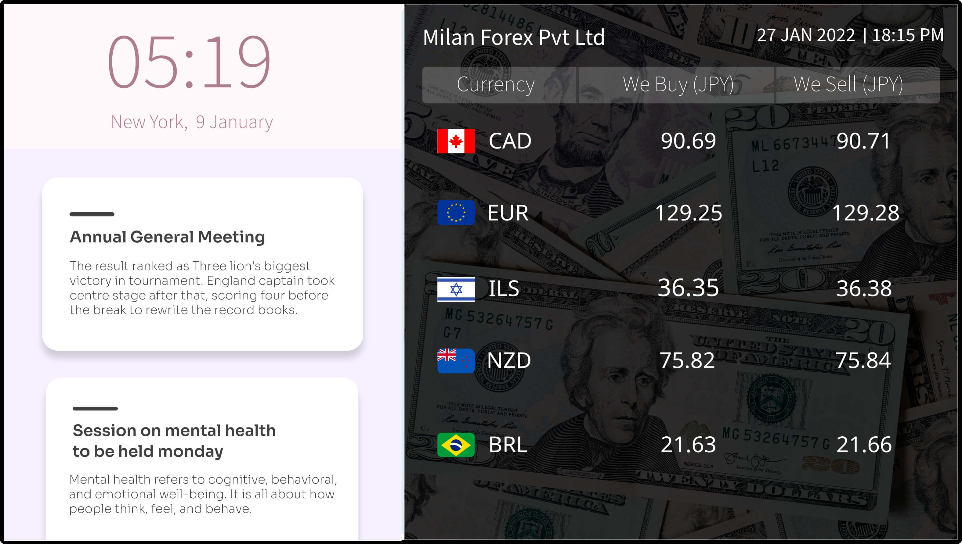 step 3 digital signage software interface showing compositon window with Currency app, digital clock app and Text app feeds