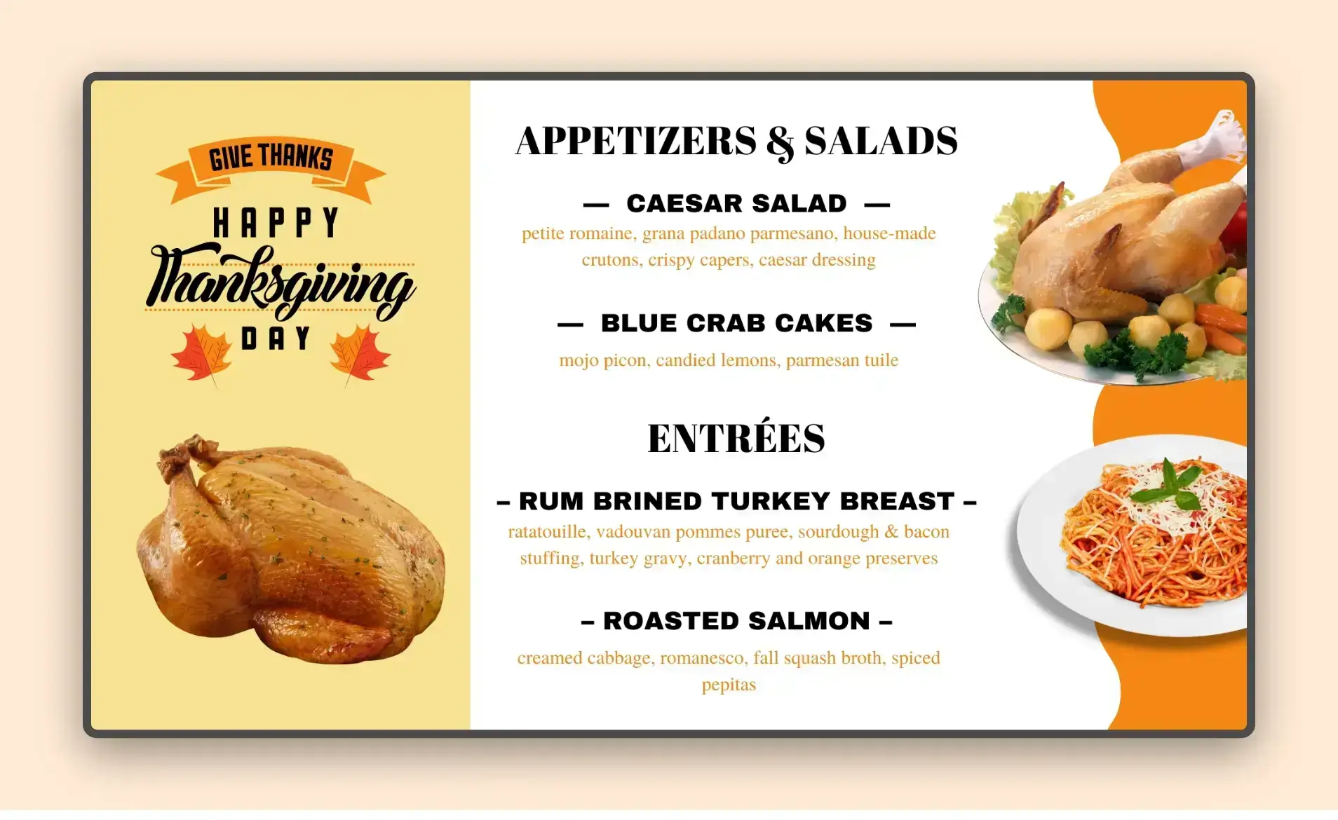 Thanks giving Menu template from Dsmenu app published on digital screen using Pickcel digital signage software