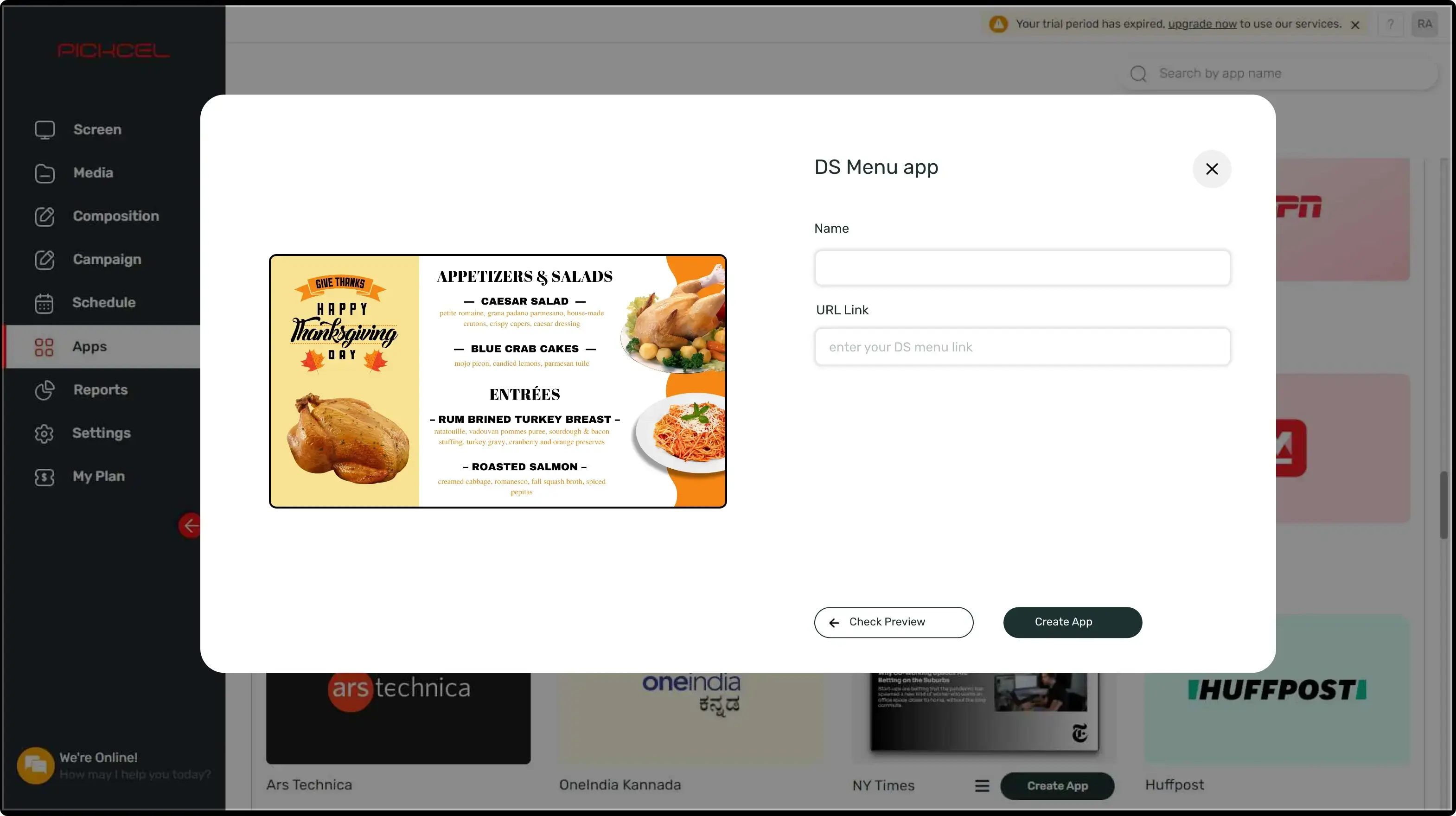 step 1 digital signage software interface showing DSmenu App configuration window with multiple options