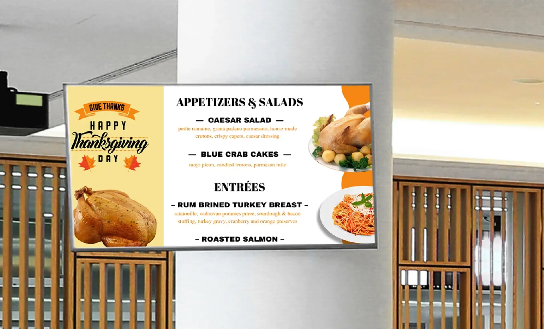 A cafe digital signage screen displaying Thanks giving Menu from Dsmenu app integrated with Pickcel digital signage software