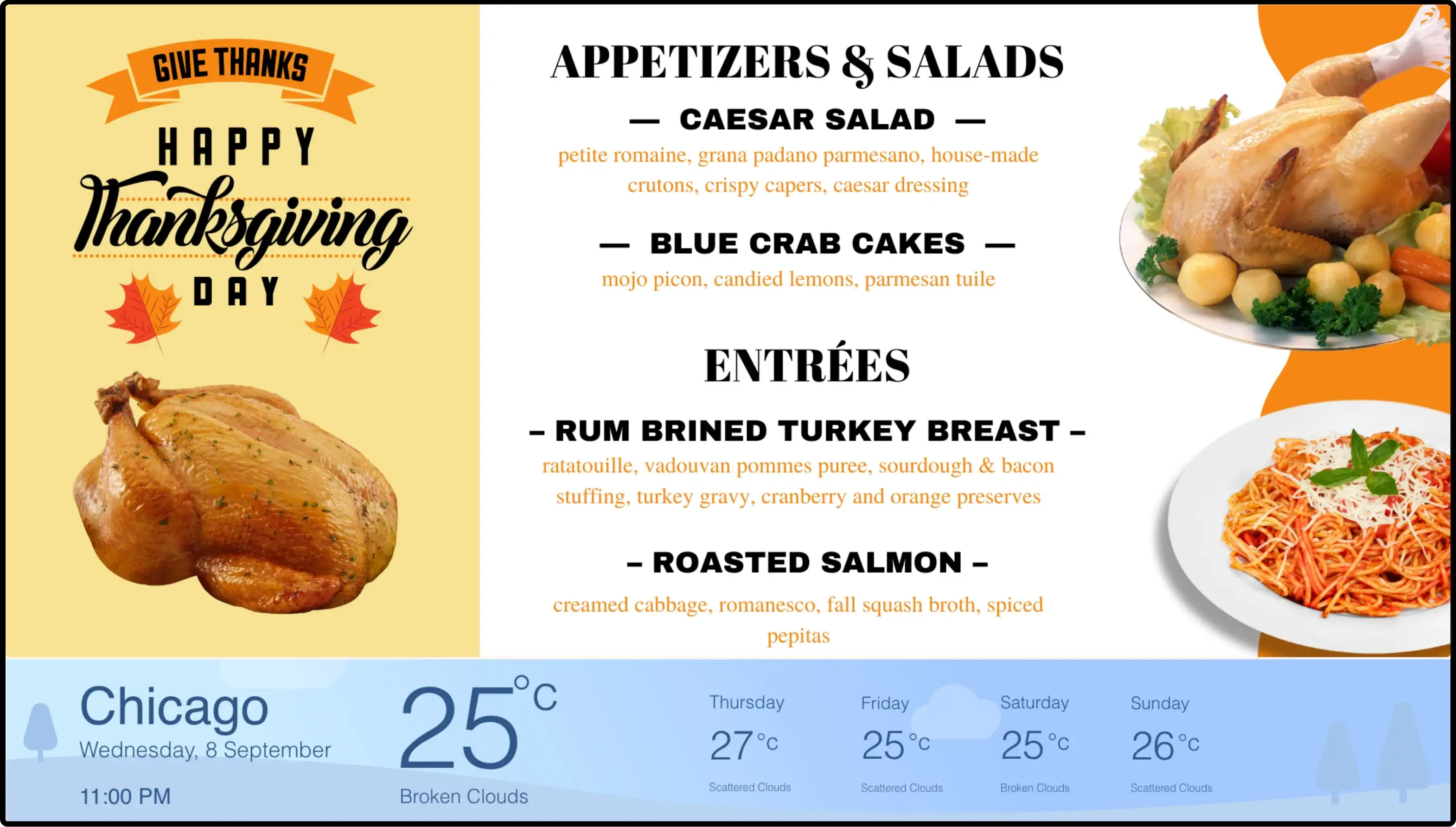 step 3 digital signage software interface showing composition window with DSmenu App and wheather app feeds