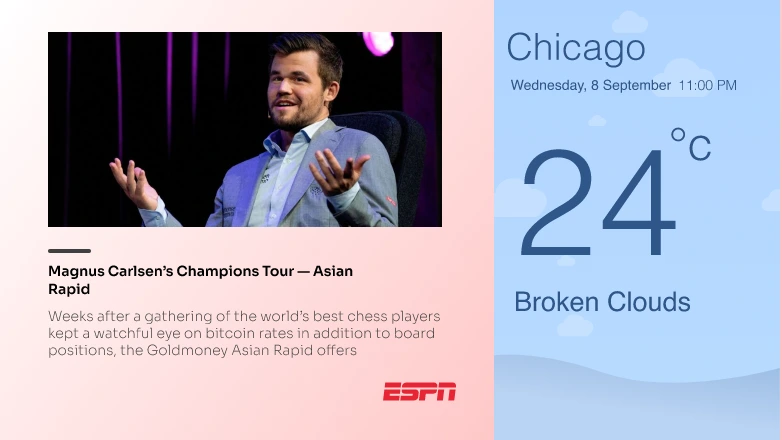 digital signage software interface showing compositon layout with Wheather app and ESPN news app contents