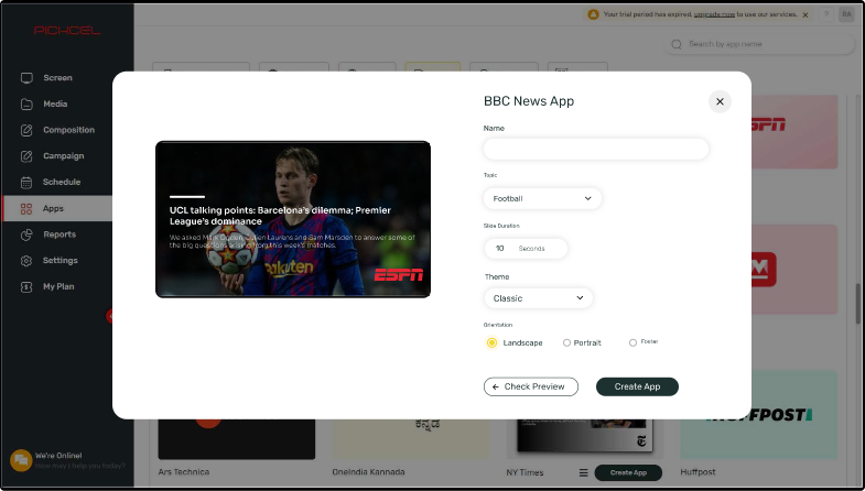 step 1 digital signage software interface showing ESPN news App configuration window with multiple options