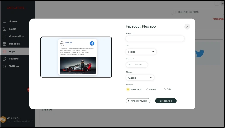 step 1 digital signage software interface showing Facebook Plus App configuration window with multiple options