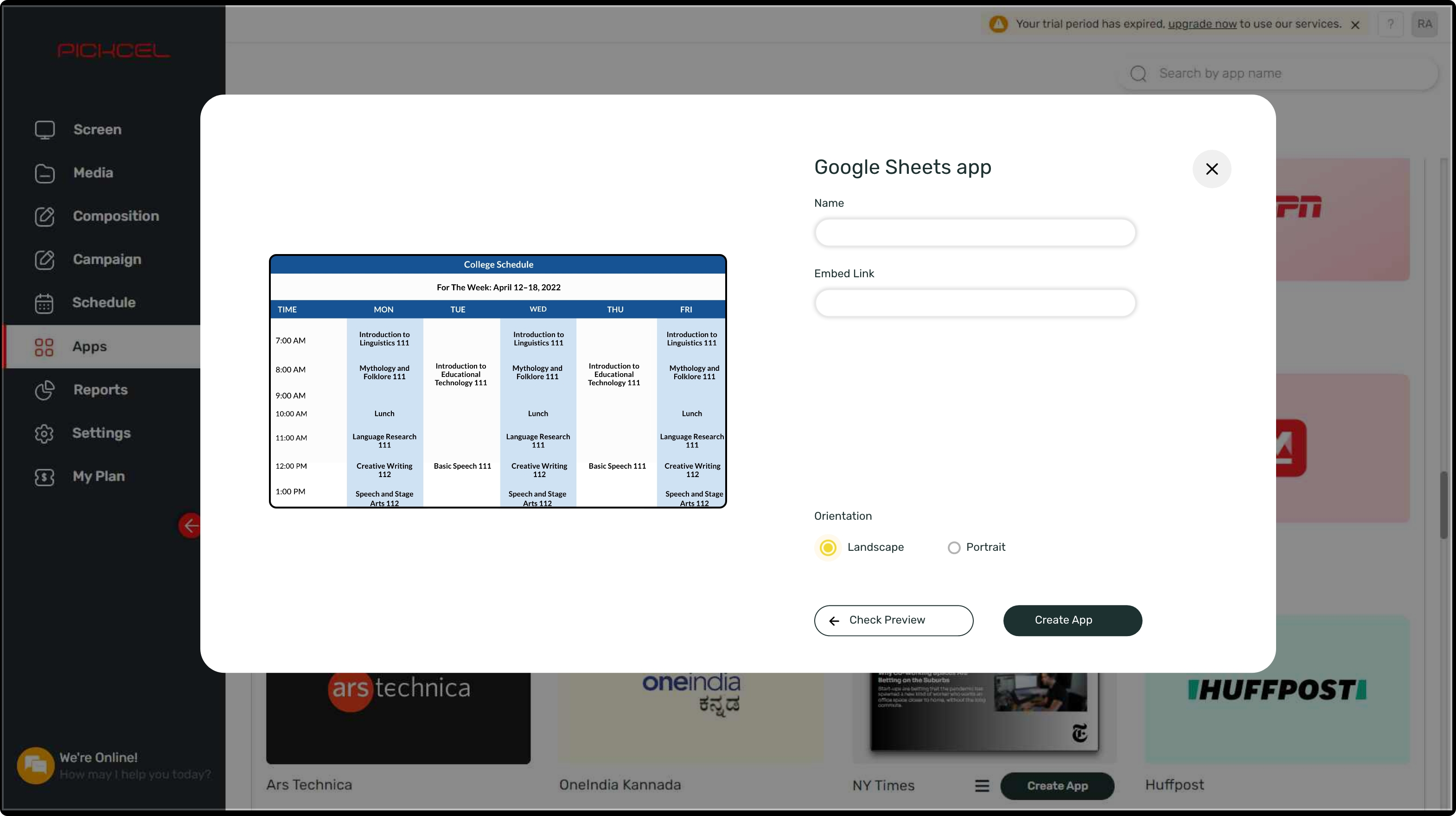 step 1 digital signage software interface showing Google Sheets App configuration window with multiple options