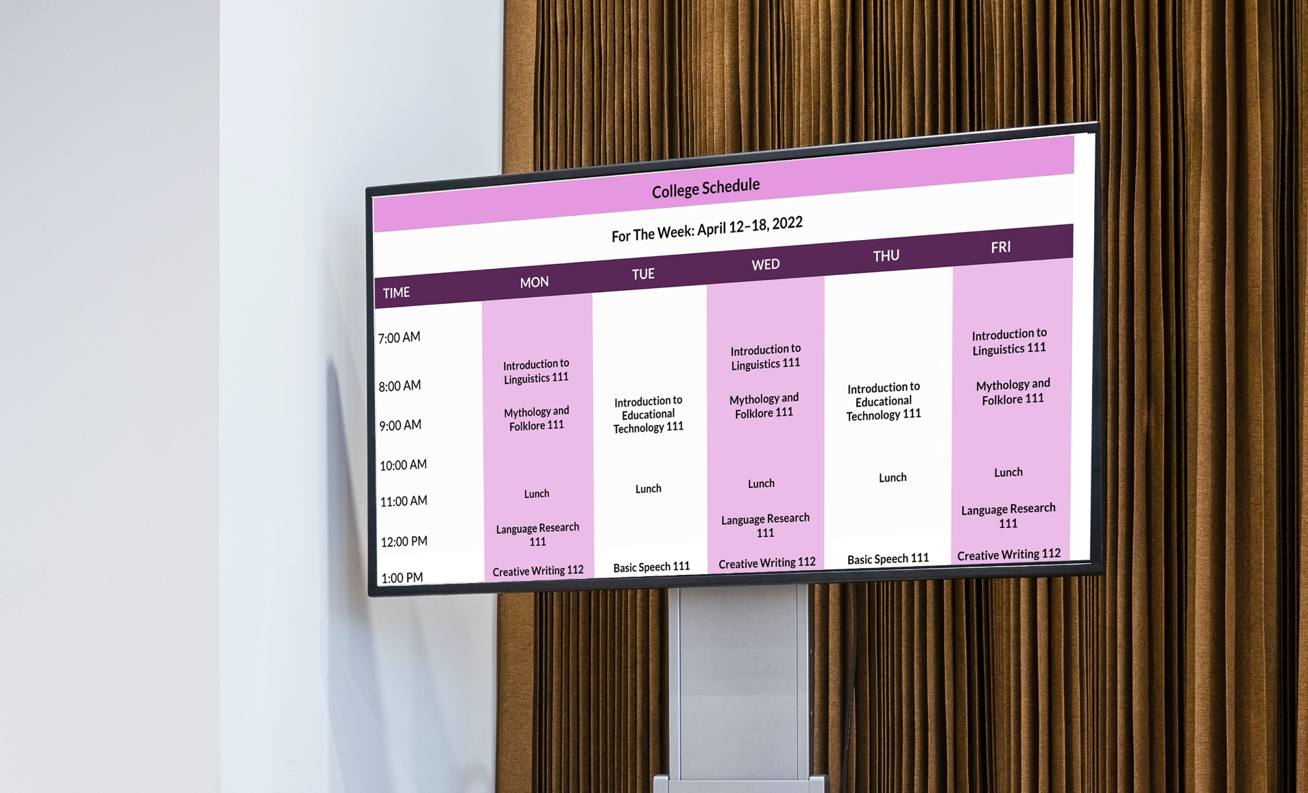 classroom digital signage displaying a timetable from Google Sheets app