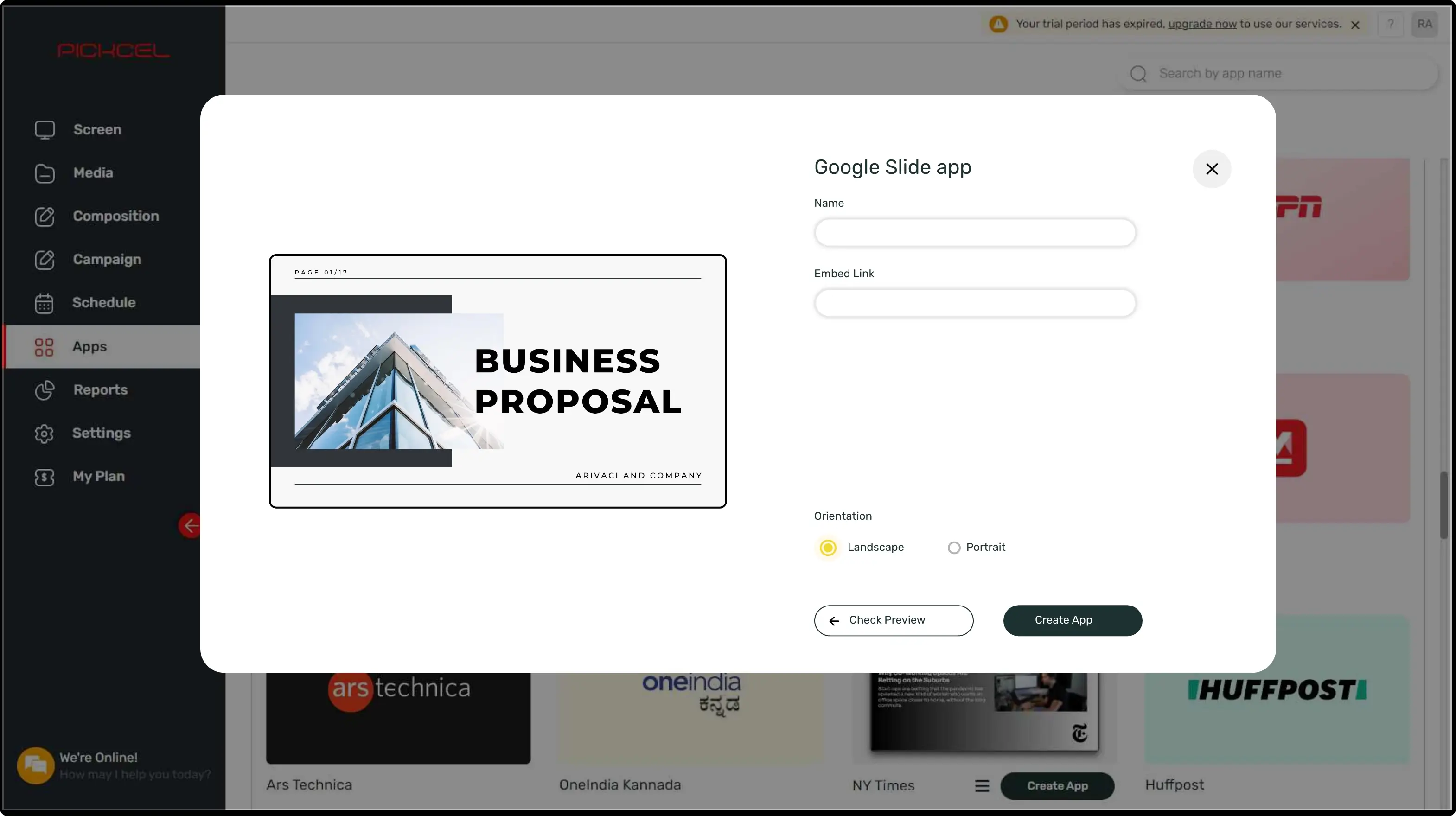 step 1 digital signage software interface showing Google Slides App configuration window with multiple options