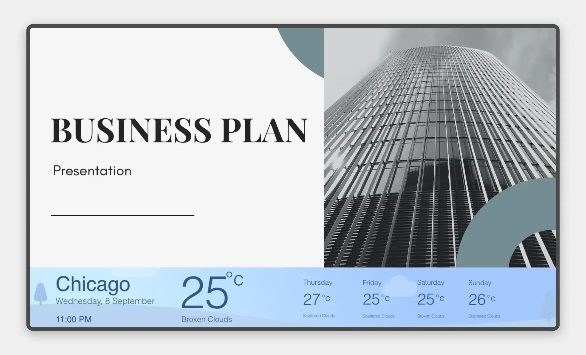 Digital signage displaying simultaneous contents from Google Slides app and Weather app.