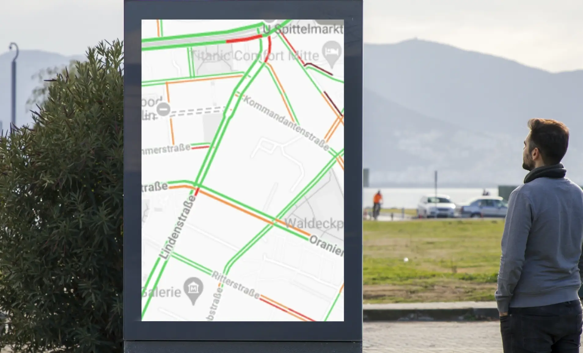Digital signage placed at roadshow displaying live traffic data from Google Traffic app