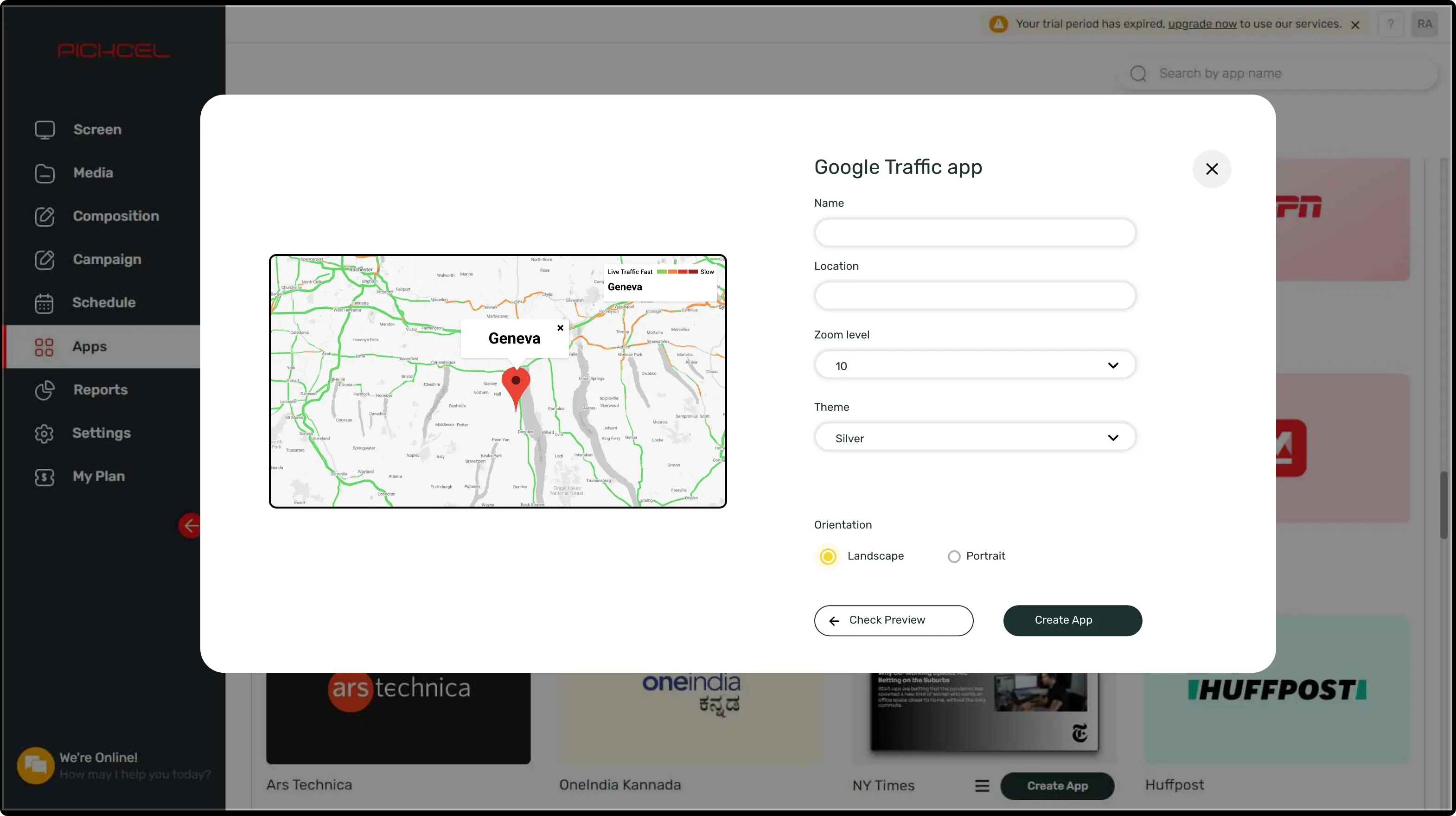 step 1 digital signage software interface showing Google Traffic App configuration window with multiple options